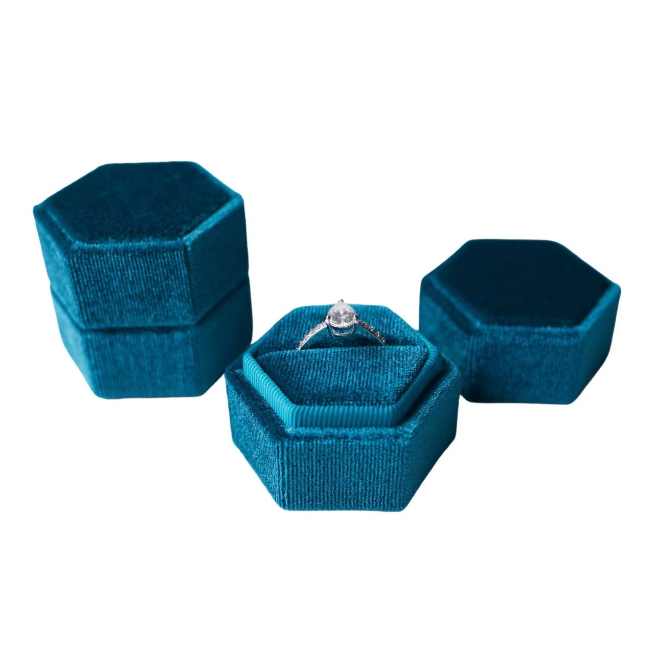 Aqua Hexagon Velvet Ring Box