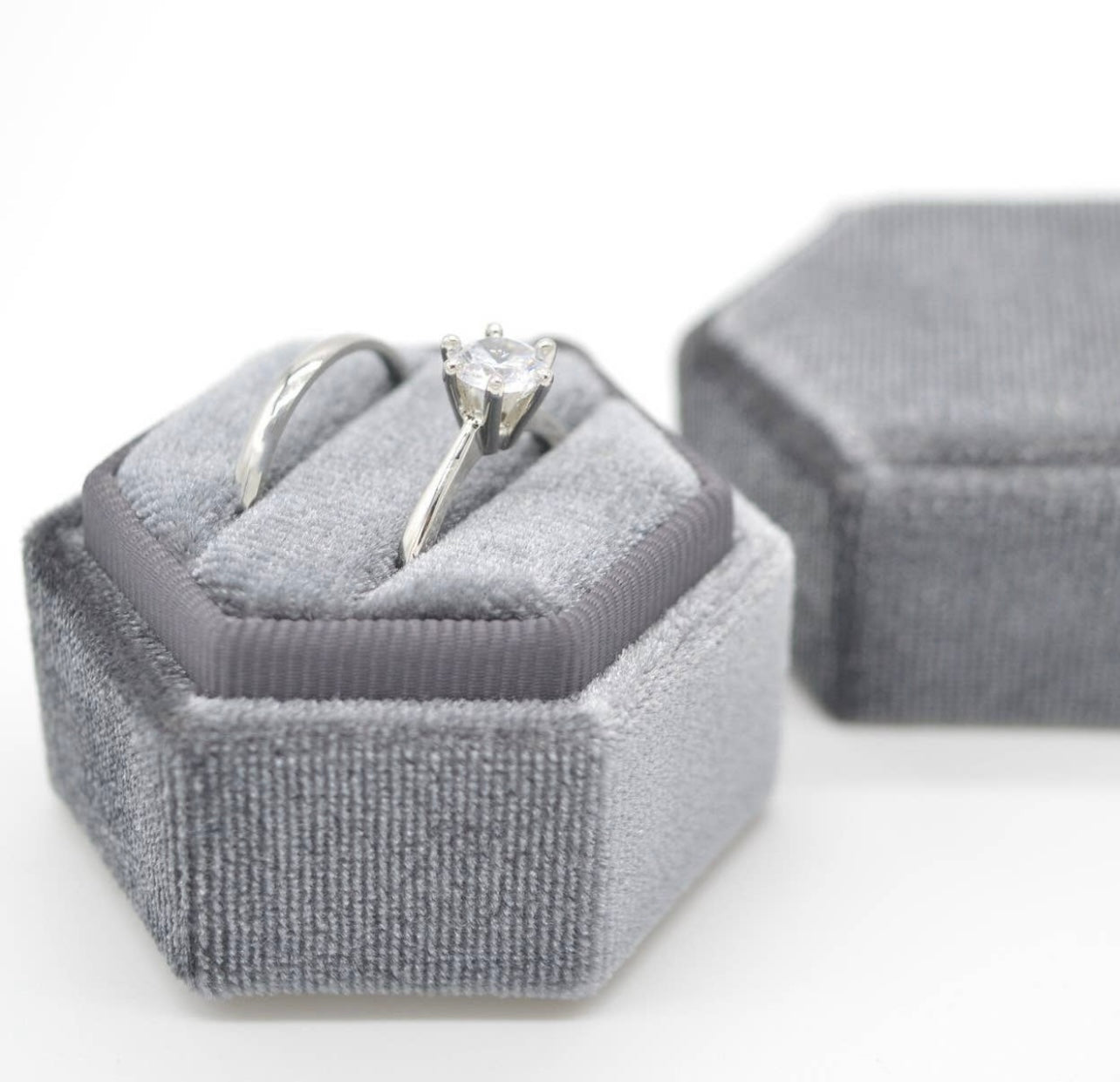 Grey Hexagon Velvet Ring Box