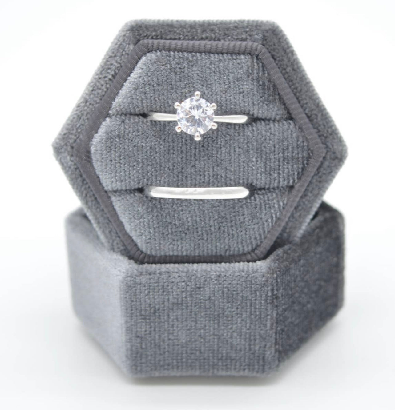 Grey Hexagon Velvet Ring Box